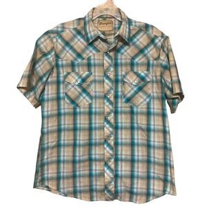 Mens L Wrangler Pearl Snap Western Fashion Shirt Plaid Short Sleeve Blue Gr &tan